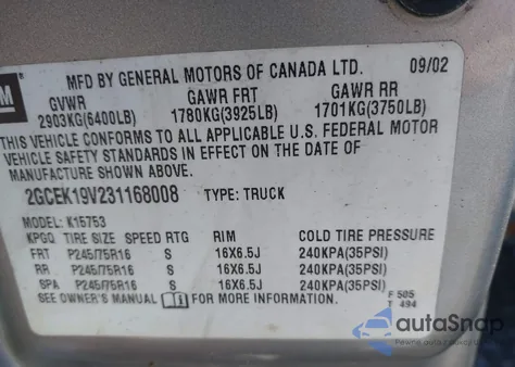 2003 Chevrolet Silverado 1500 from USA, damaged, VIN 2GCEK19V231168008